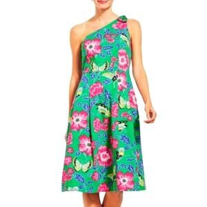 TALBOTS 12 Dress RSPV Cocktail One Shoulder Floral Butterfly Classic Preppy Boho